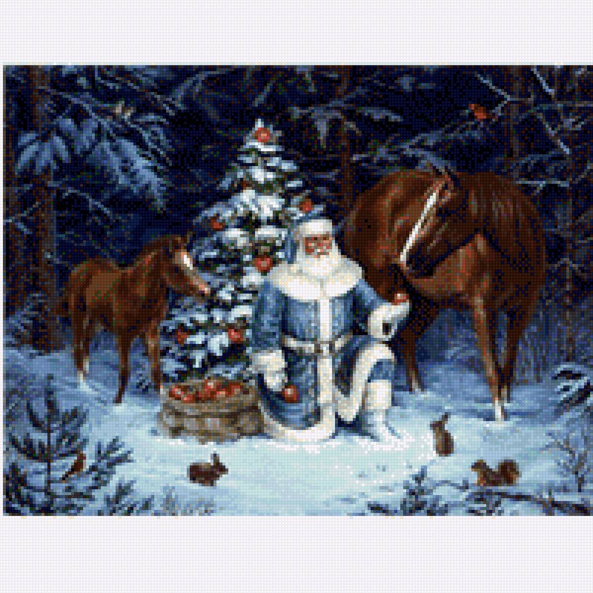 Дед Мороз в лесу - лошади, лес, дед мороз, картина, зима, пейзаж - предпросмотр