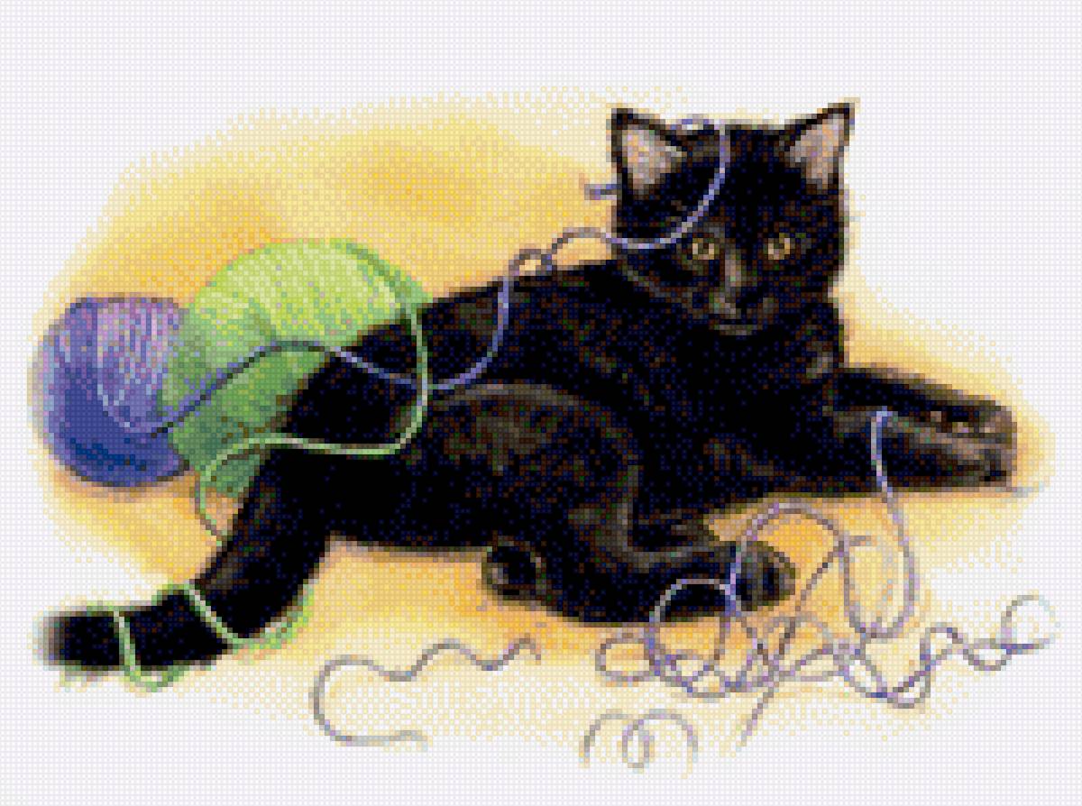 Котенок черный и клубочки пряжи - пряжа, домашние любимцы, котенок, картина, черный - предпросмотр