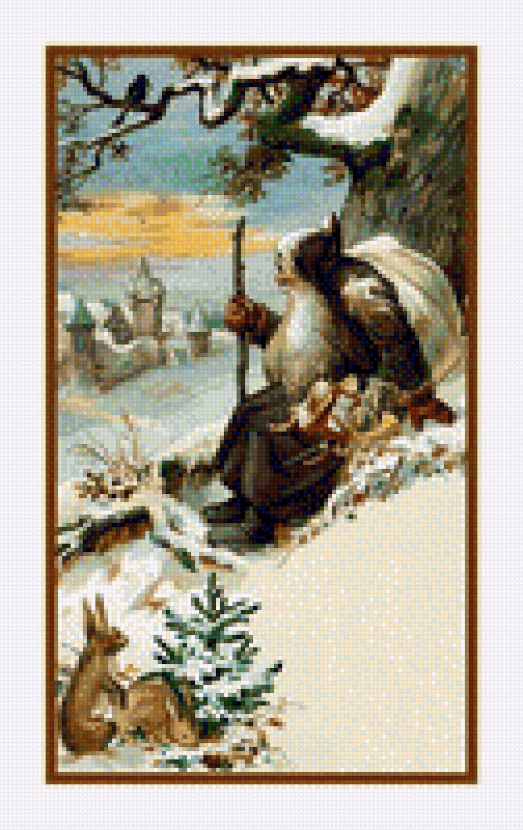 Дед Мороз в лесу - пейзаж, лес, зима, картина, дед мороз - предпросмотр