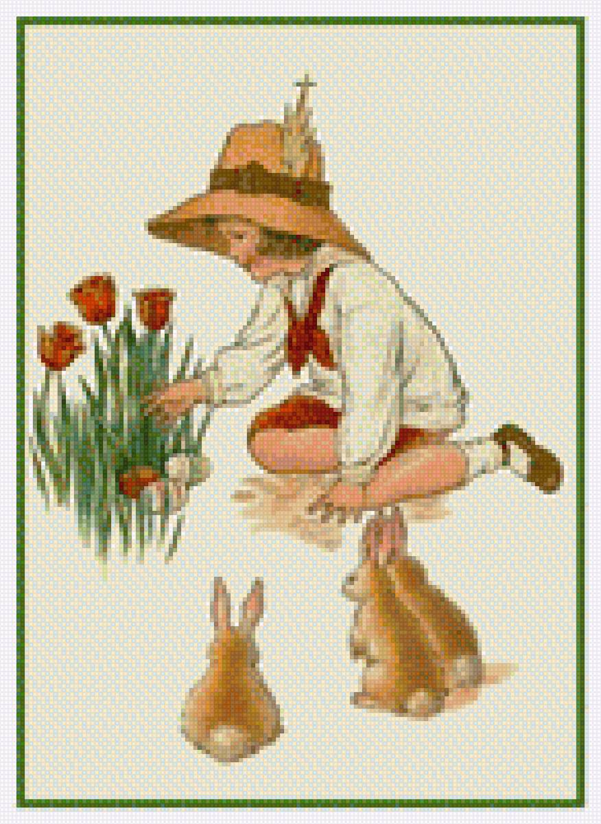 Пасха - яйцо, цветы, кролик, пасха, дети - предпросмотр