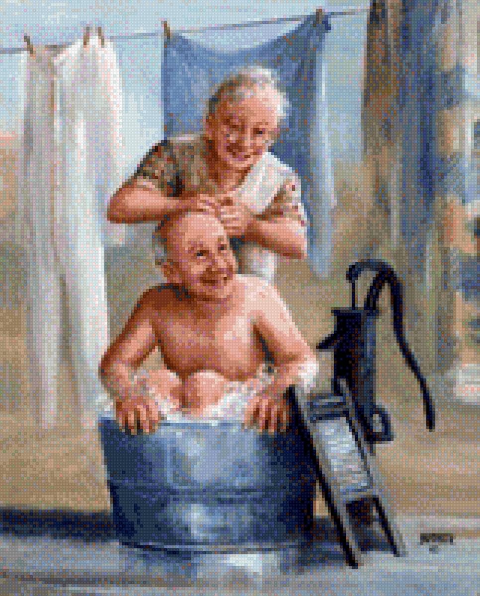 Купание - купание, бабушки и дедушки, старость, радость, старики, картина - предпросмотр