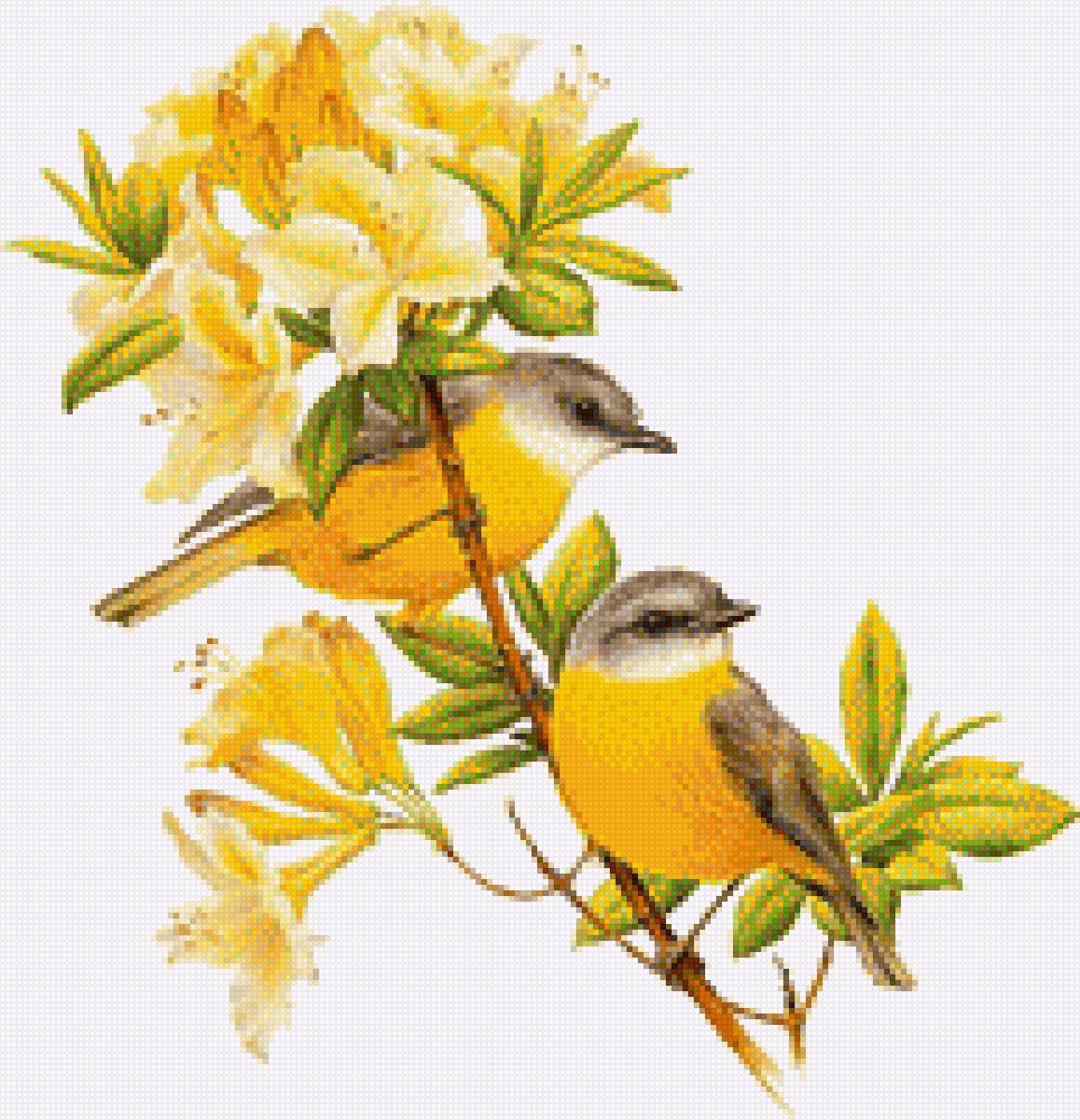 Птицы на ветке - картина, цветы, ветка, птицы - предпросмотр