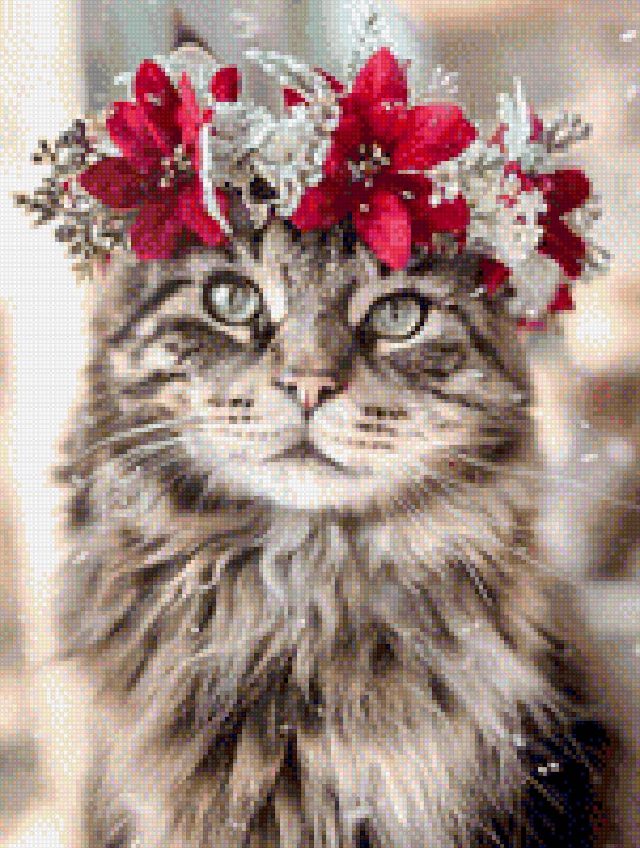 Кошка с веночком - животные, веночек, кошка, домашние любимцы, цветы - предпросмотр