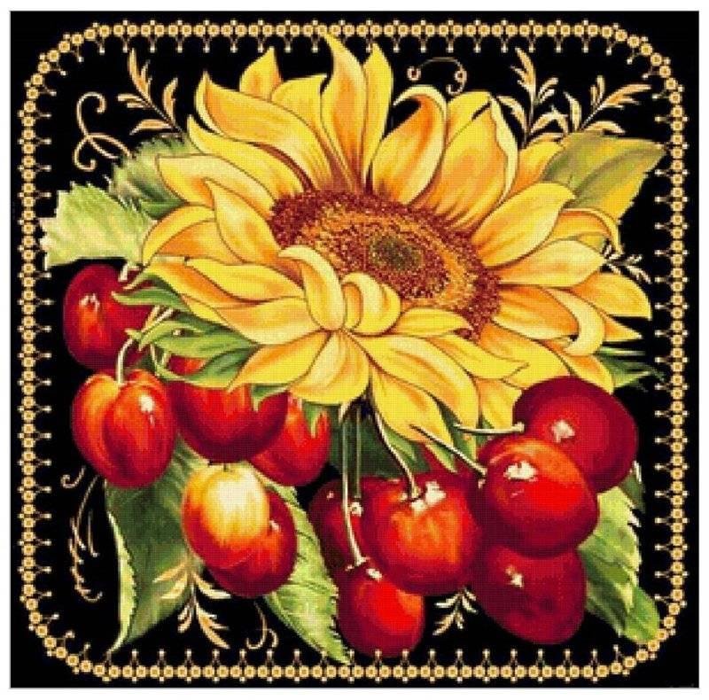 Подсолнухи с черешнями - подсолнухи, картинка, растения, фрукты, цветы, черешни, ягоды - оригинал