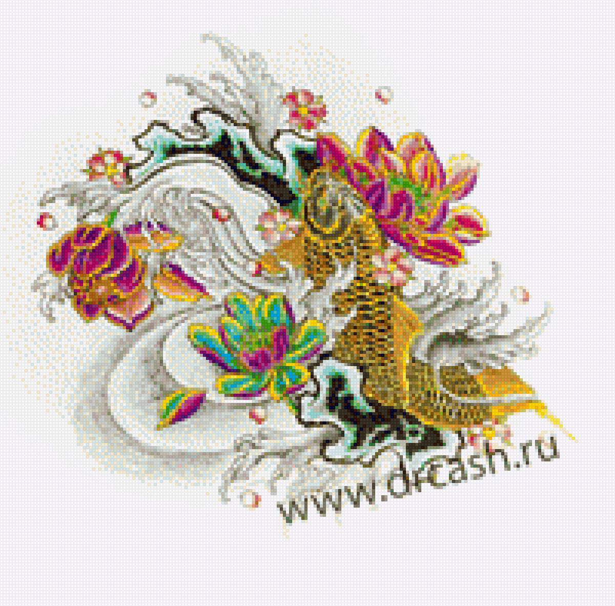 Рыба и лотосы - тату, цветы, рыба, рисунок, лотос - предпросмотр