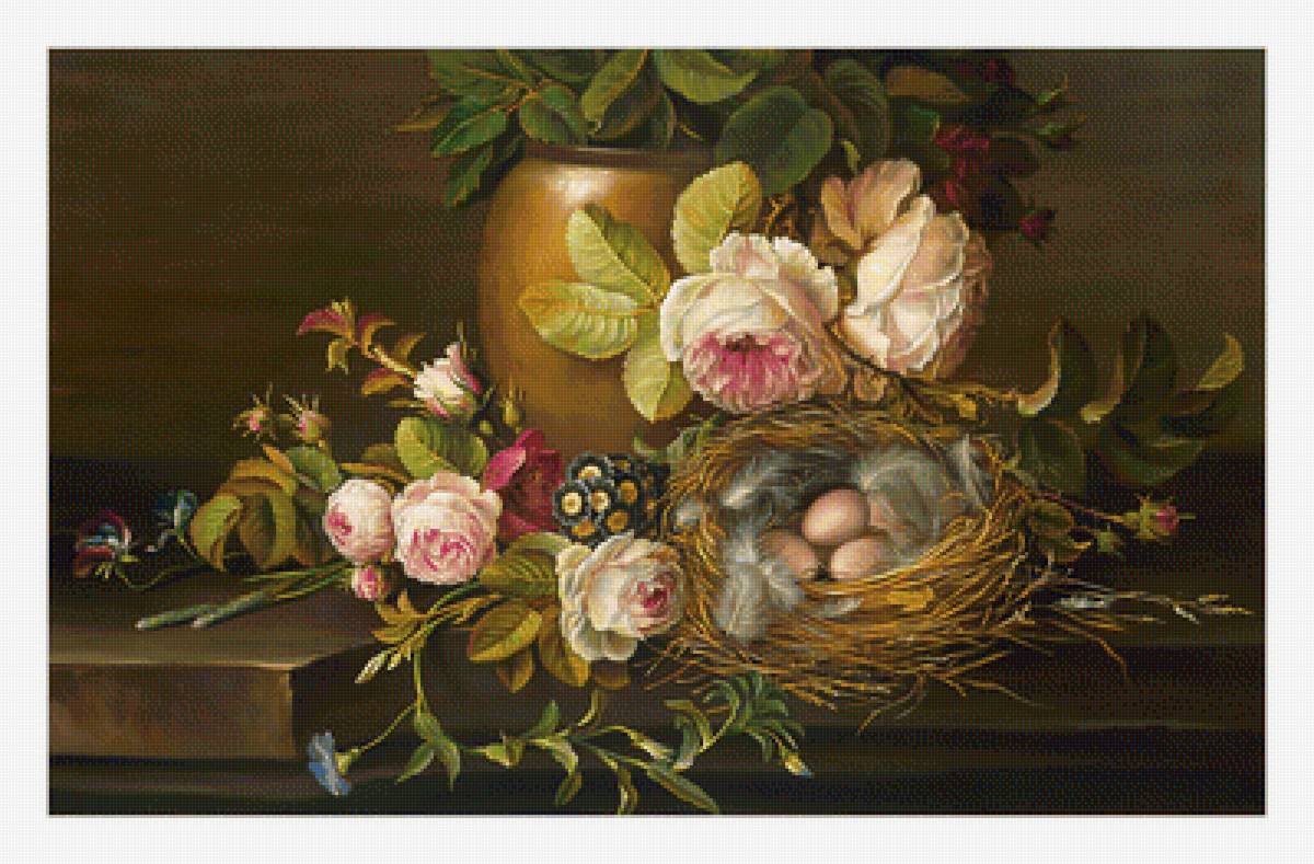 Натюрморт. - цветы, натюрморт, розы, гнездо, живопись - предпросмотр