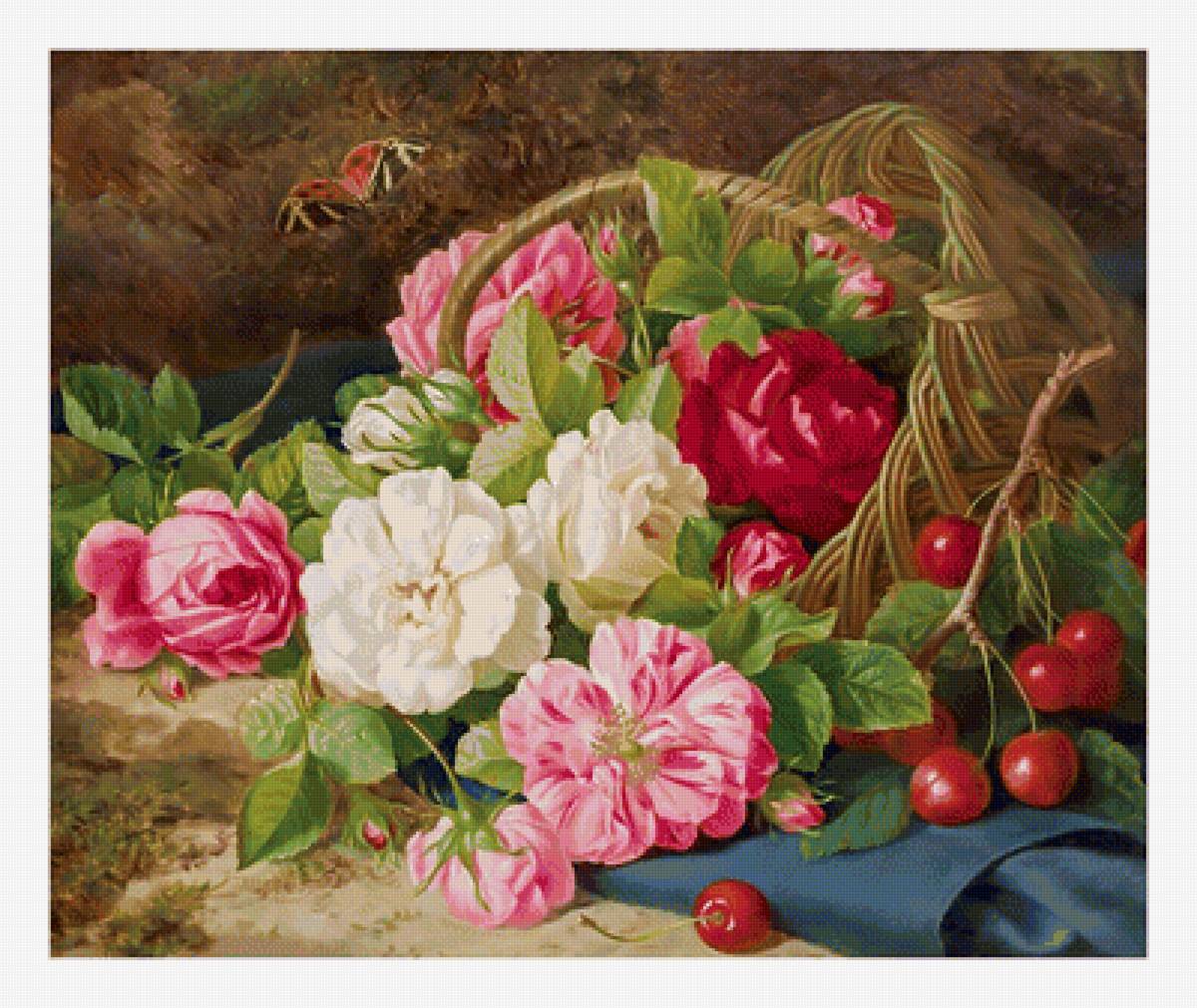Цветочный натюрморт. - живопись, цветы, розы, корзина, ягоды - предпросмотр