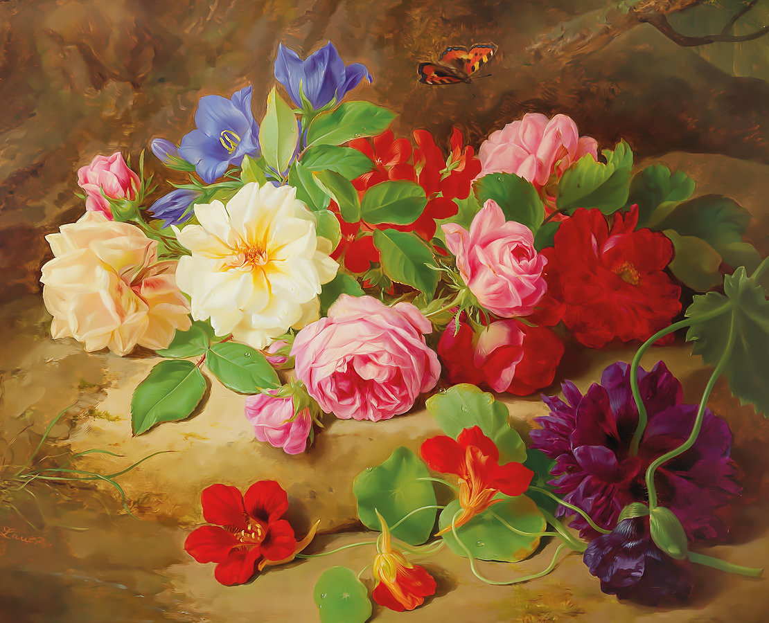Цветочный натюрморт. - розы, цветы, настурция, натюрморт, букет, живопись - оригинал