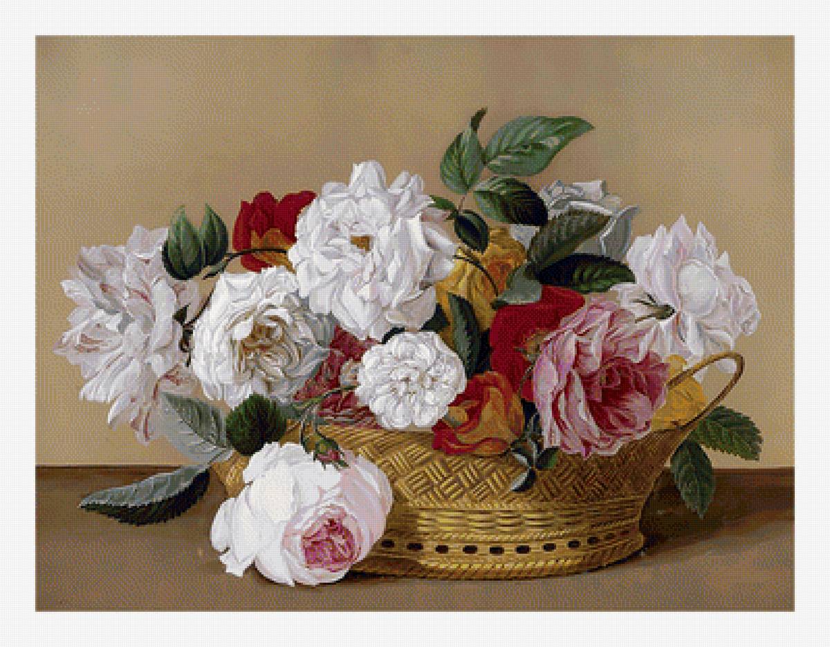 Розы в корзине. - цветы, живопись, розы, корзина - предпросмотр
