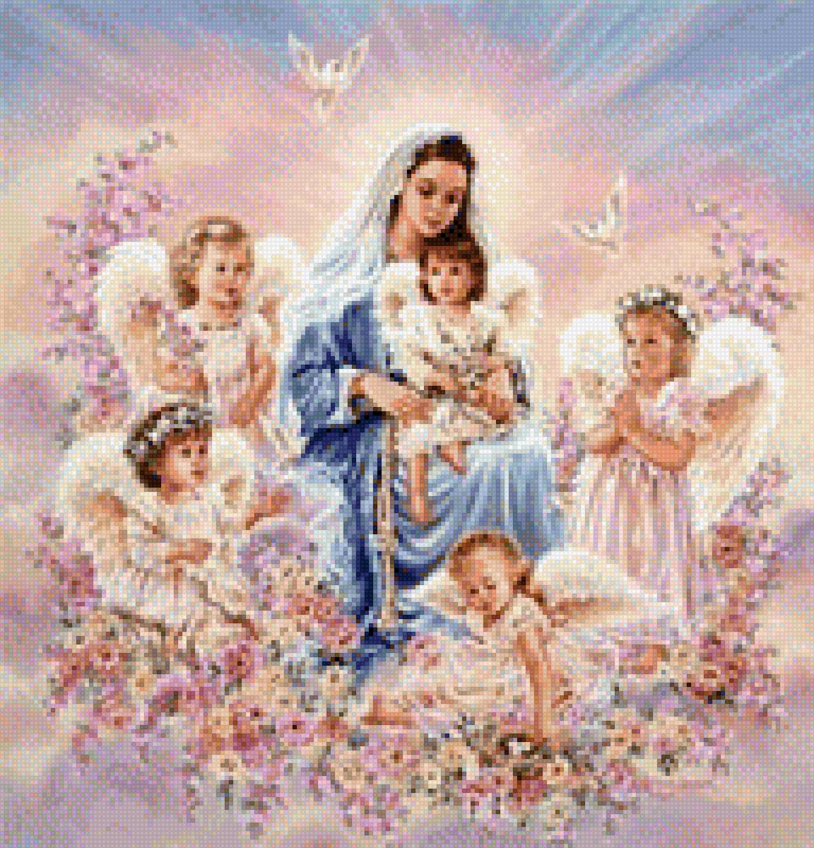 Богородица и ангелы - ангелы. небо, богородица, облака, картина, святые - предпросмотр