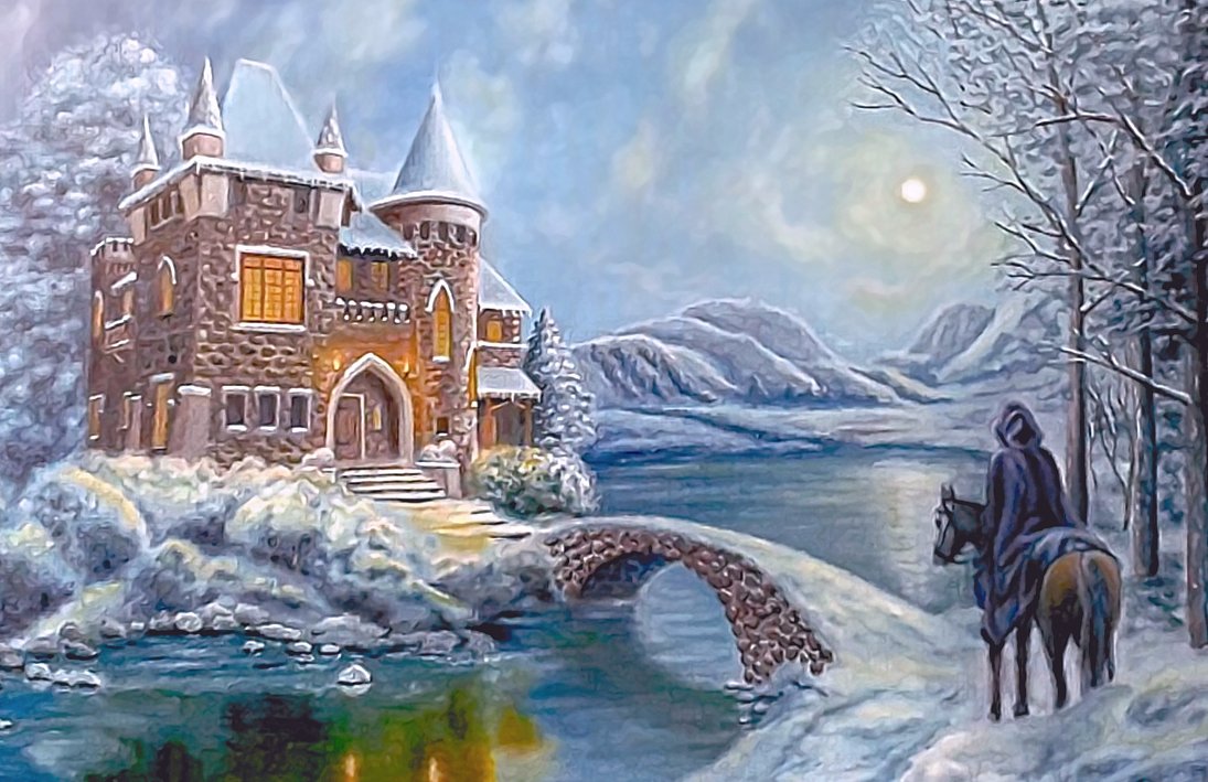 №2046842 - ночь, замок, всадник, река, мост, зима - оригинал