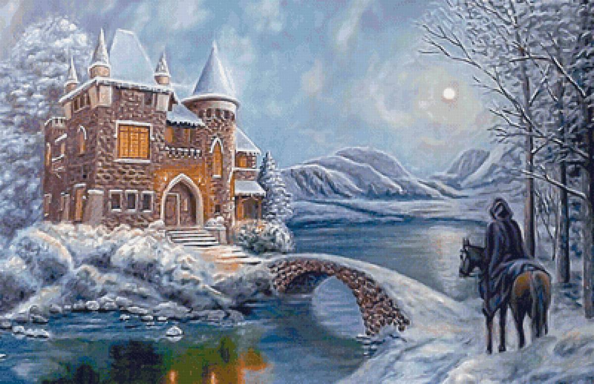 №2046842 - зима, замок, ночь, всадник, мост, река - предпросмотр