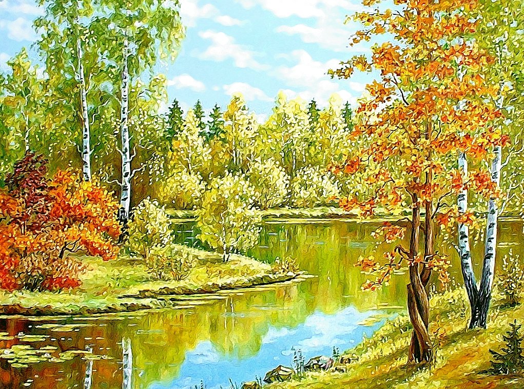 Ранняя осень - березы, река, осень, пейзаж - оригинал