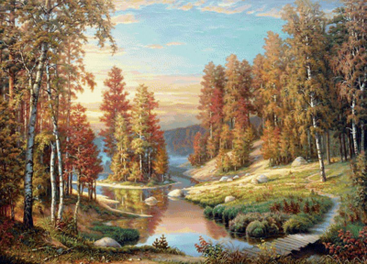 Осенний пейзаж. - пейзаж, березы, река, осень, мост, деревья, природа, живопись - предпросмотр