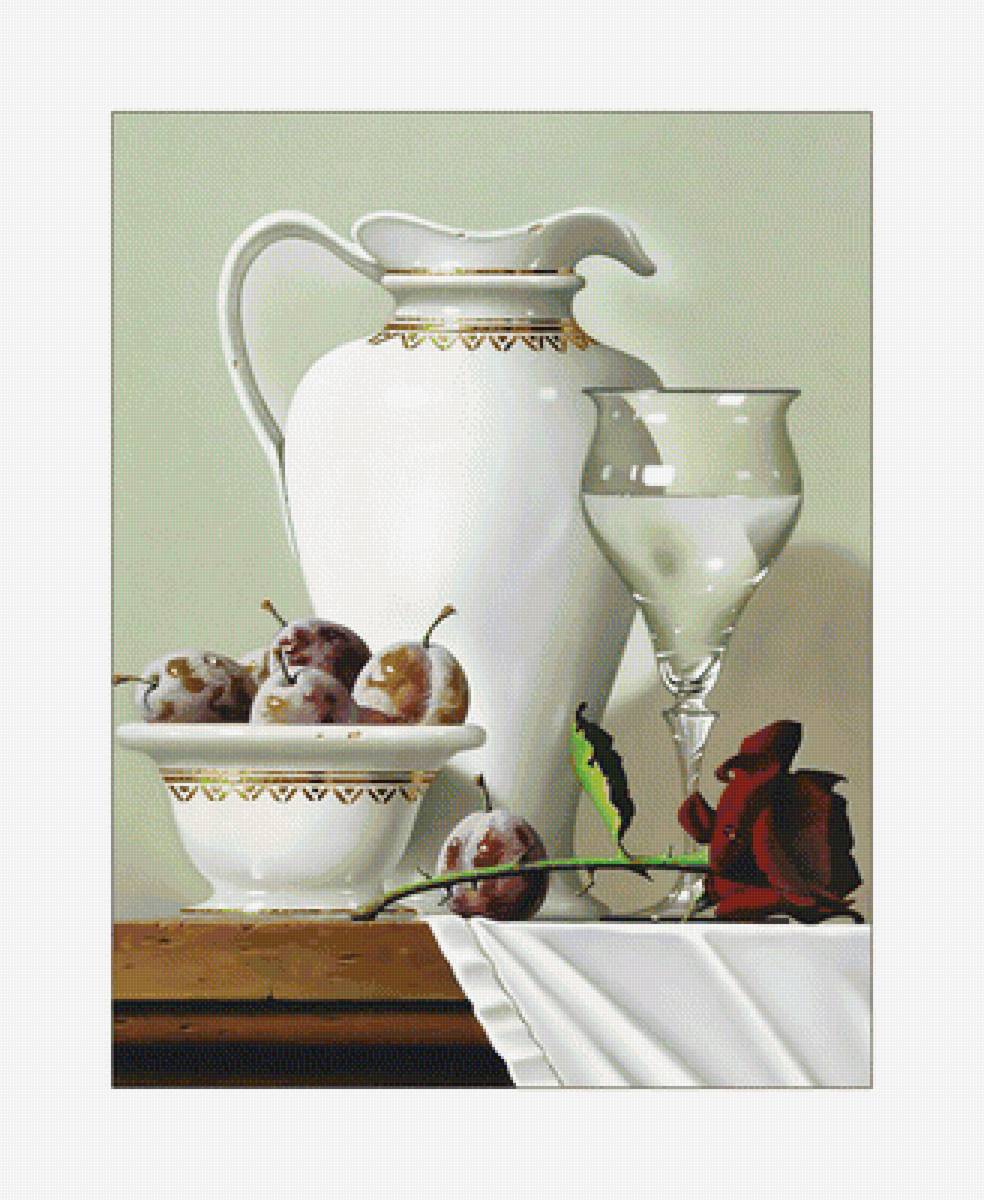 Натюрморт со сливами. - живопись, натюрморт, сливы, бокал, кувшин - предпросмотр