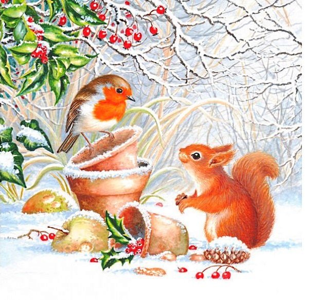 Рождественские посиделки - лес, птица, птичка, белка, рождество, белочка, зима, снег - оригинал