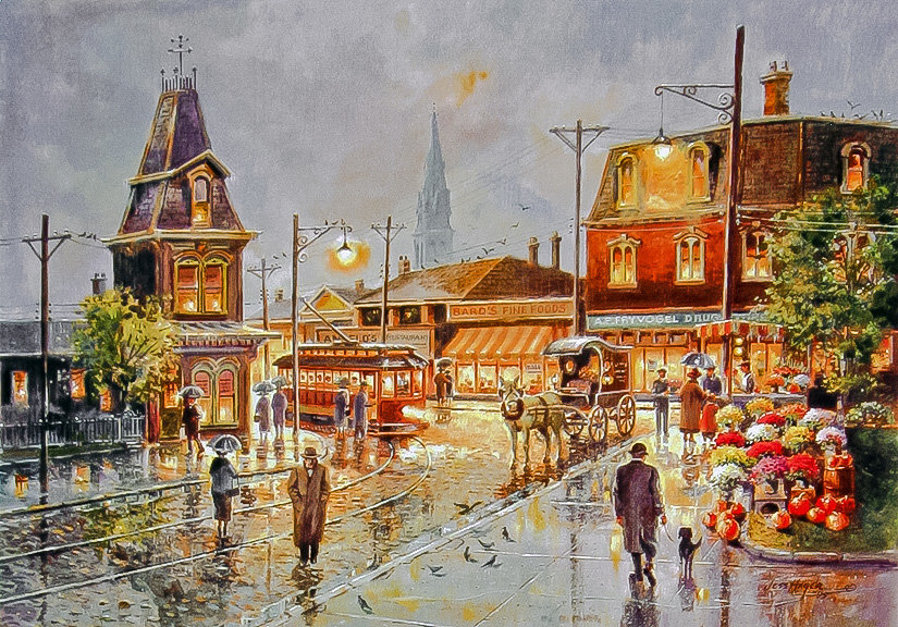 Rainy Night-City Street. - jess hager paintings.scenarys.people.animals. - оригинал