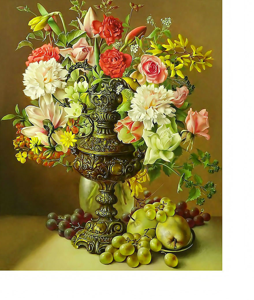 Натюрморт - цветы в вазе, фрукты, цветы - оригинал