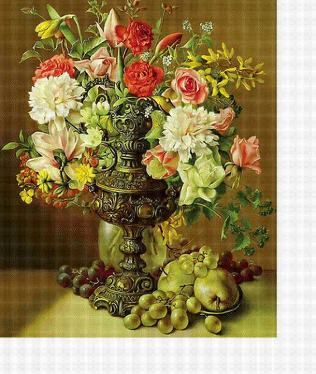 Натюрморт - фрукты, цветы, цветы в вазе - предпросмотр