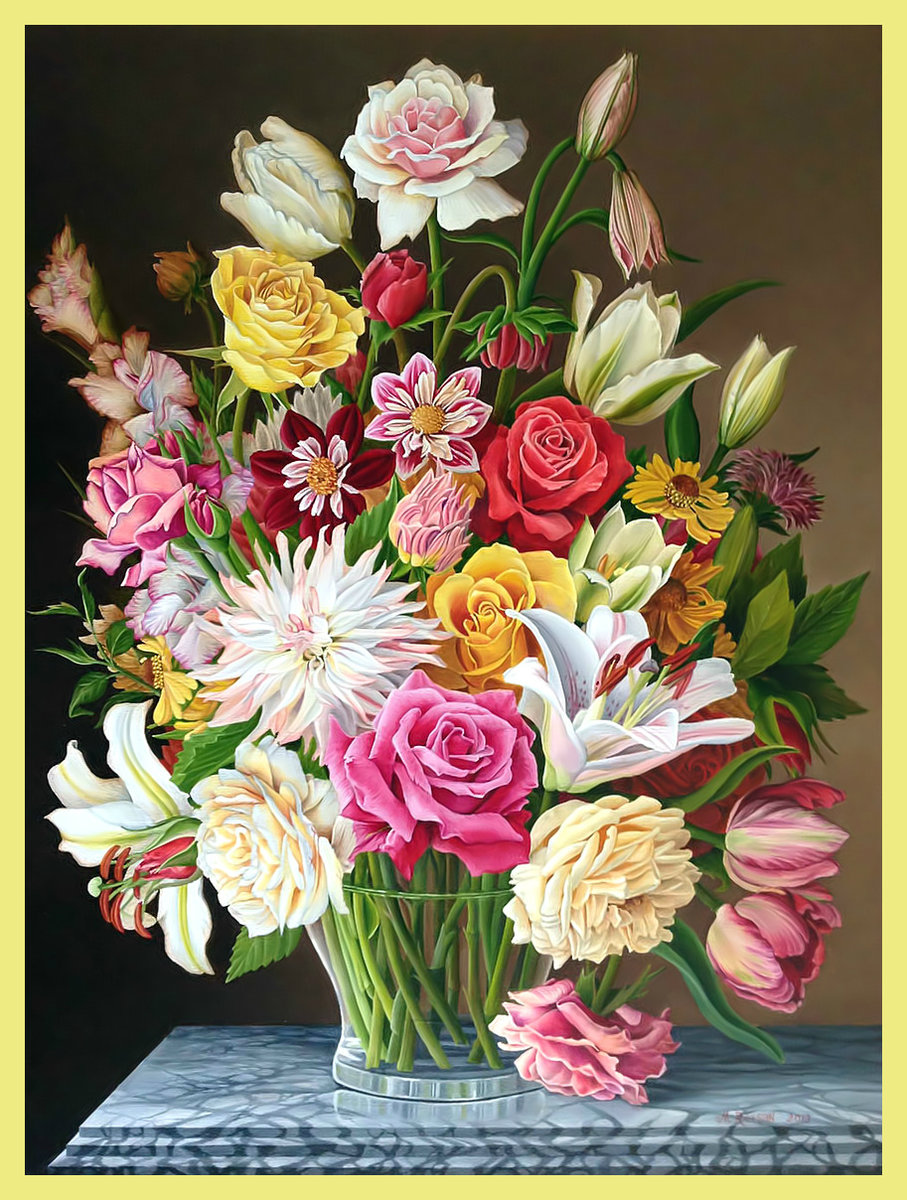 Букет. - букет, живопись, розы, тюльпаны, лилии, цветы, ассорти - оригинал
