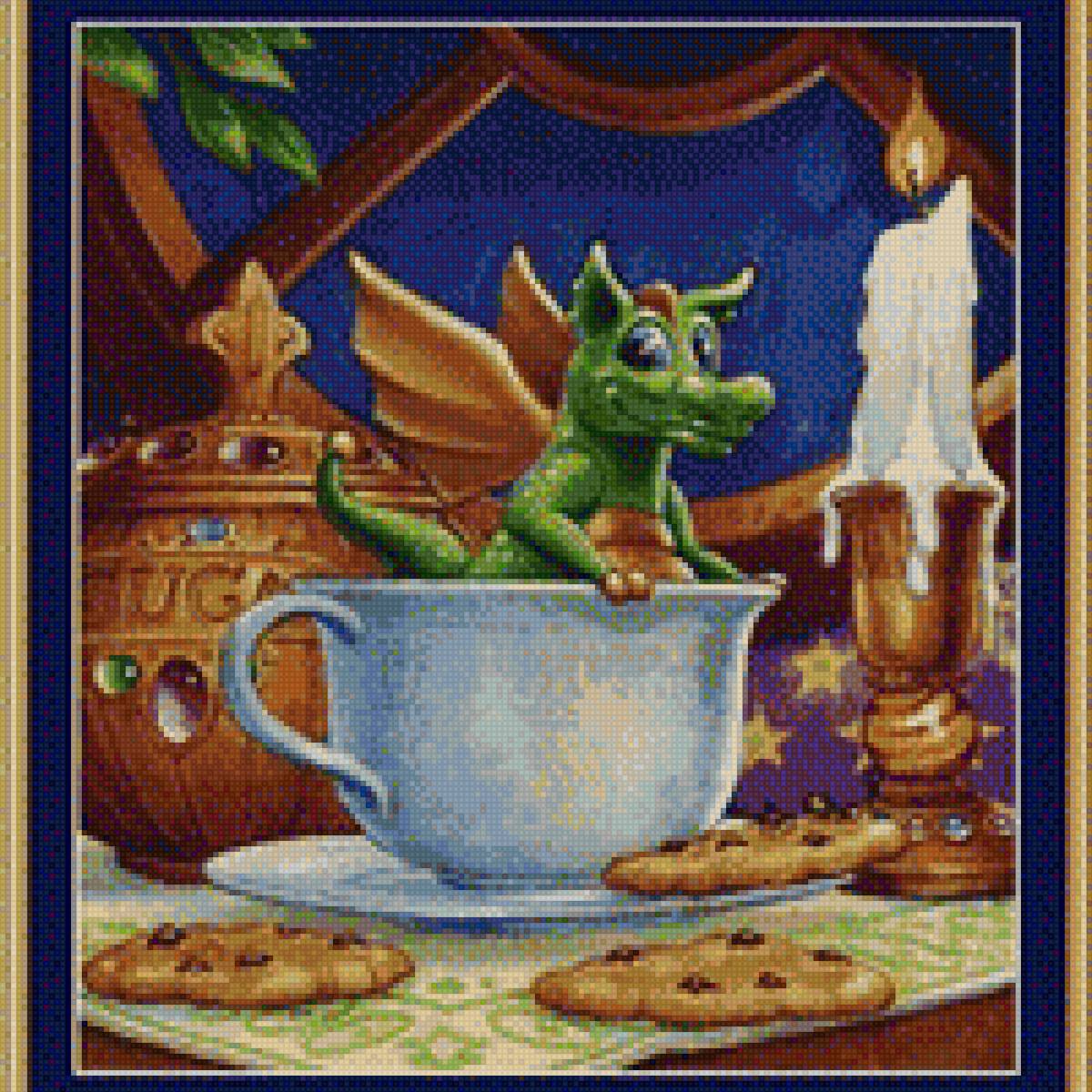 Дракоша - чай, фантастика, картина, дракон, зеленый - предпросмотр