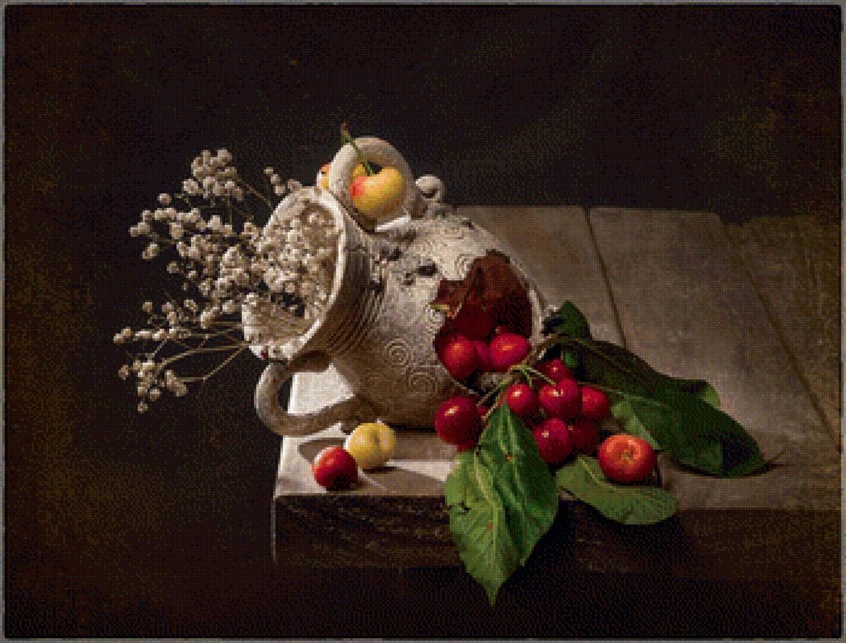 натюрморт - цветы, стол, кувшын, натюрморт, черешня, букет - предпросмотр