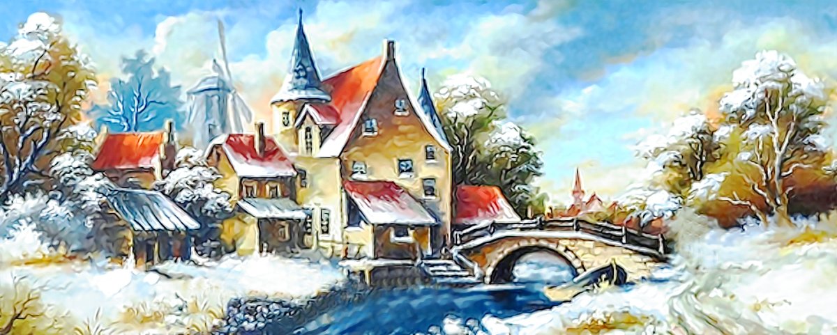 зима - река, домик, зима, мост, пейзаж, деревья - оригинал