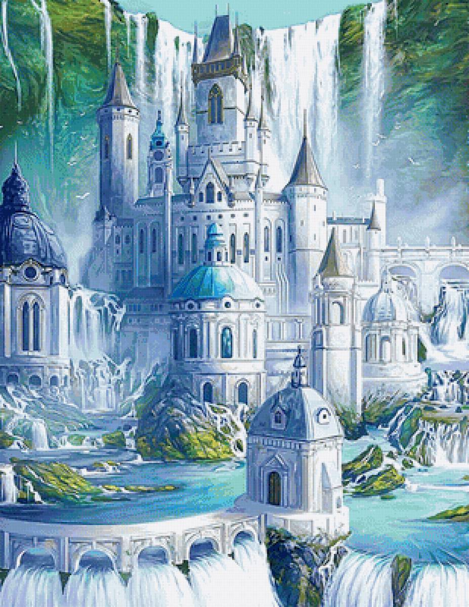 Белый замок - замок, мост, водопад, горы - предпросмотр