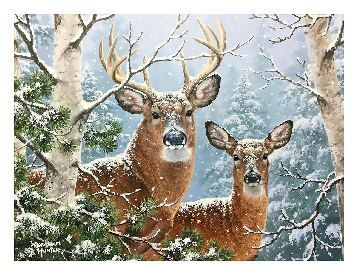 Олени. - снег, природа, олени, лес, живопись, зима - оригинал