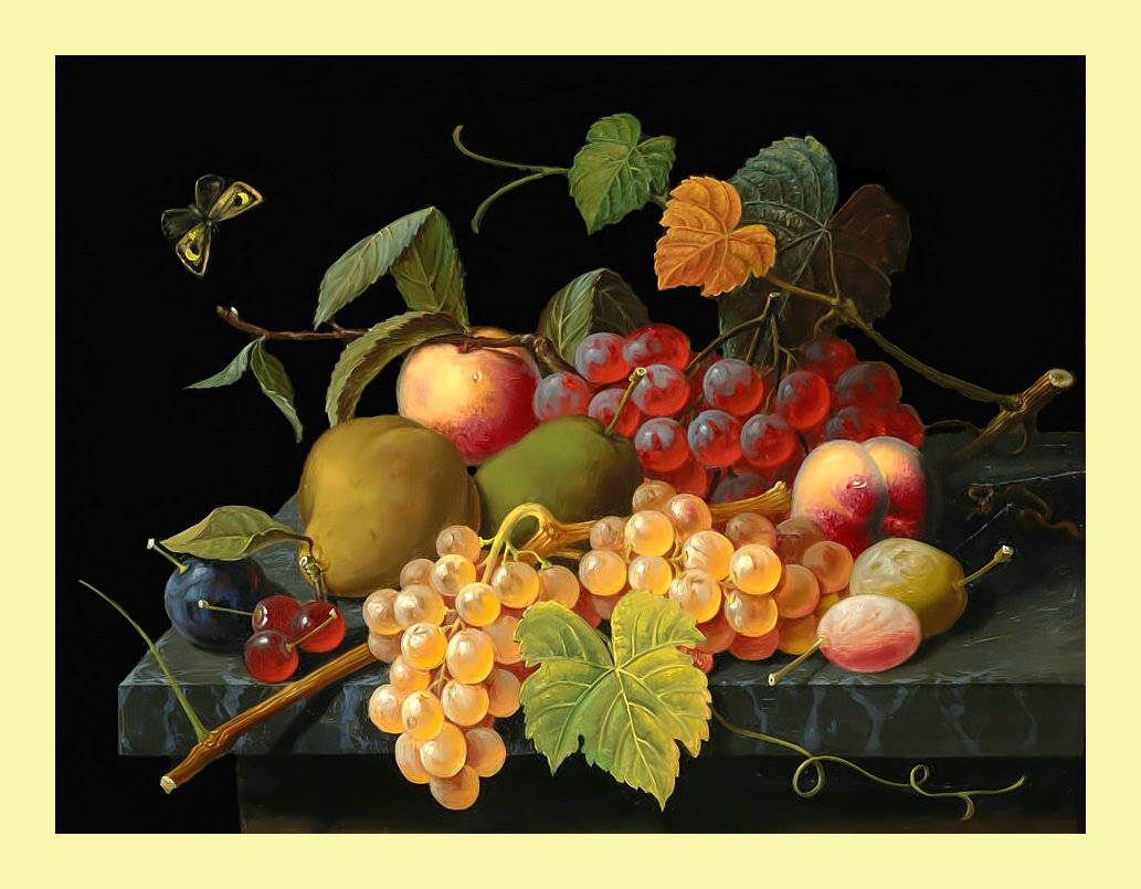 Натюрморт. - фрукты, сливы., натюрморт, виноград, груши, мандарин, ягоды - оригинал