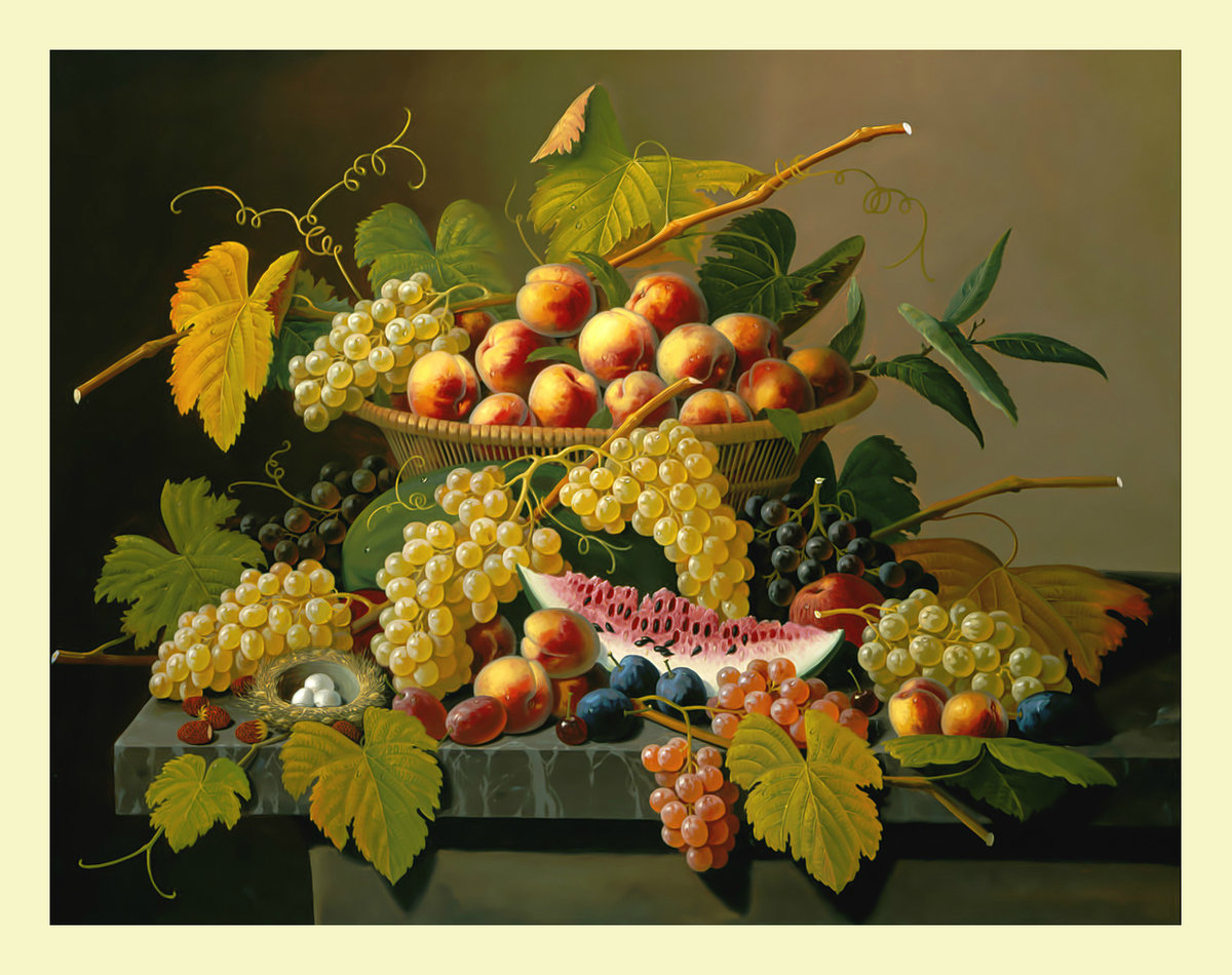 Натюрморт с виноградом. - яблоки, абрикосы, живопись, натюрморт, виноград, фрукты - оригинал