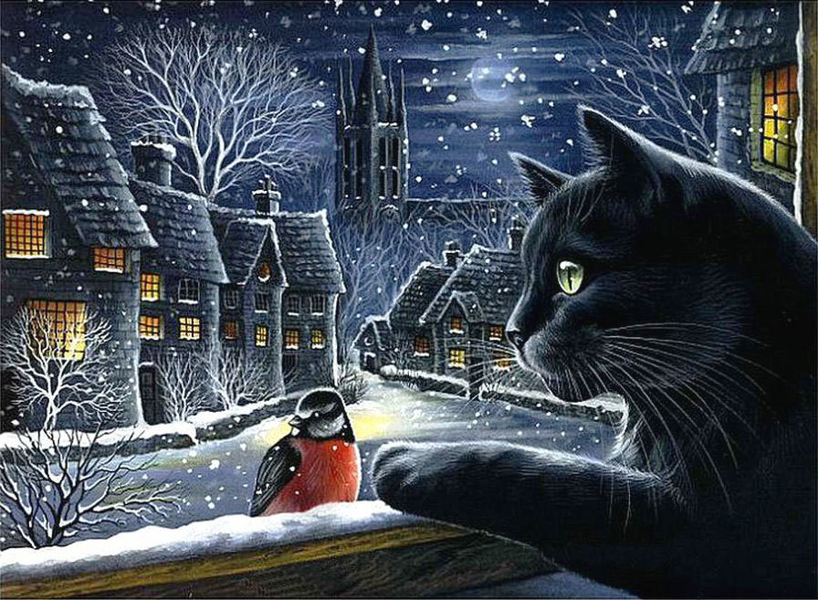 Зима за окном -2 - вечер, зима, кот, окно - оригинал