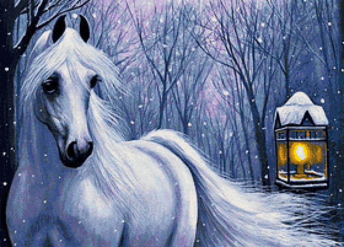 Белая масть - лошадь, зима, фонарь, конь - предпросмотр