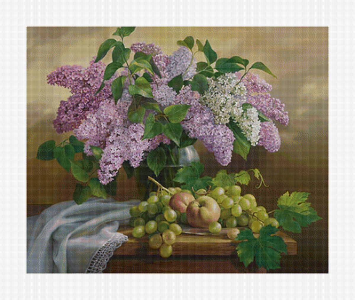 Натюрморт с сиренью. - цветы, сирень, букет, фрукты, ягоды, натюрморт, живопись - предпросмотр
