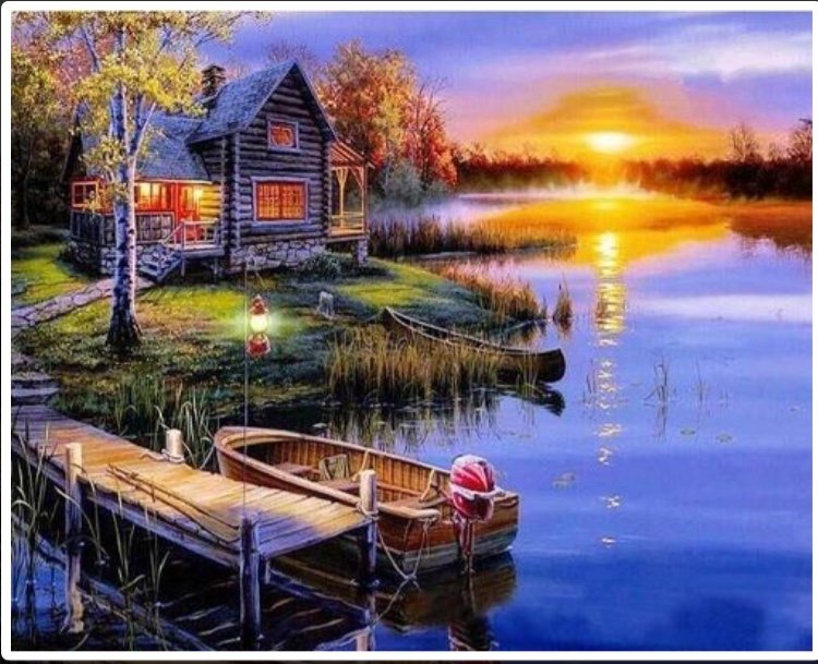 Закат - озеро, дом, закат, лодка - оригинал