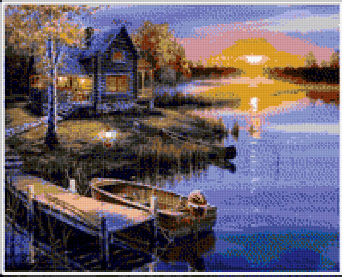 Закат - озеро, закат, дом, лодка - предпросмотр