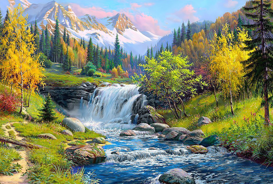 Пейзаж. - лес, осень, река, природа, живопись, пейзаж, горы - оригинал