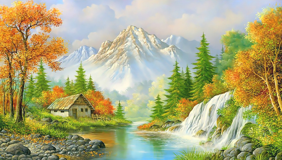 Горный пейзаж. - домик, пейзаж, осень, живопись, река, горы, природа - оригинал
