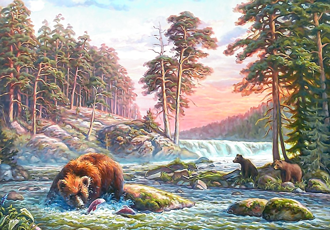Мишки на рыбалке - животные, река, медведи, лес, сосны, закат - оригинал