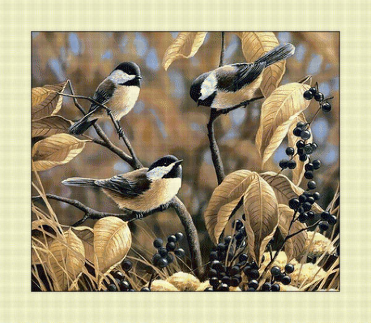 Синички. - птицы, живопись, синицы, осень - предпросмотр