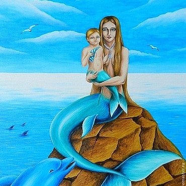 Русалка и ребенок русалки - берег, русалка, море, камень, сказка, природа, ребенок - оригинал