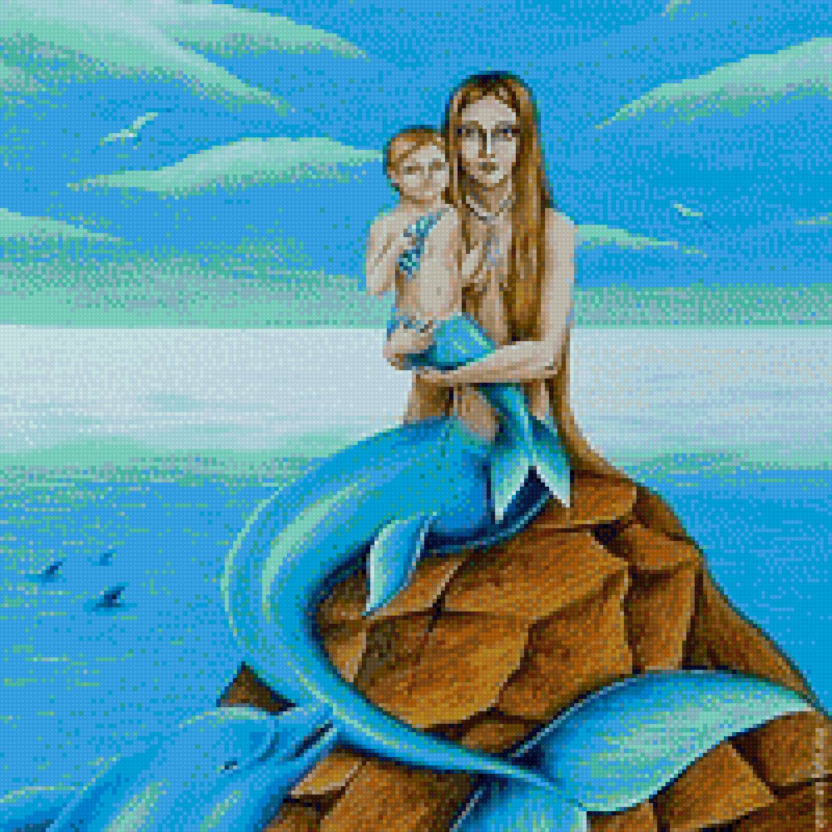 Русалка и ребенок русалки - берег, ребенок, сказка, море, природа, русалка, камень - предпросмотр