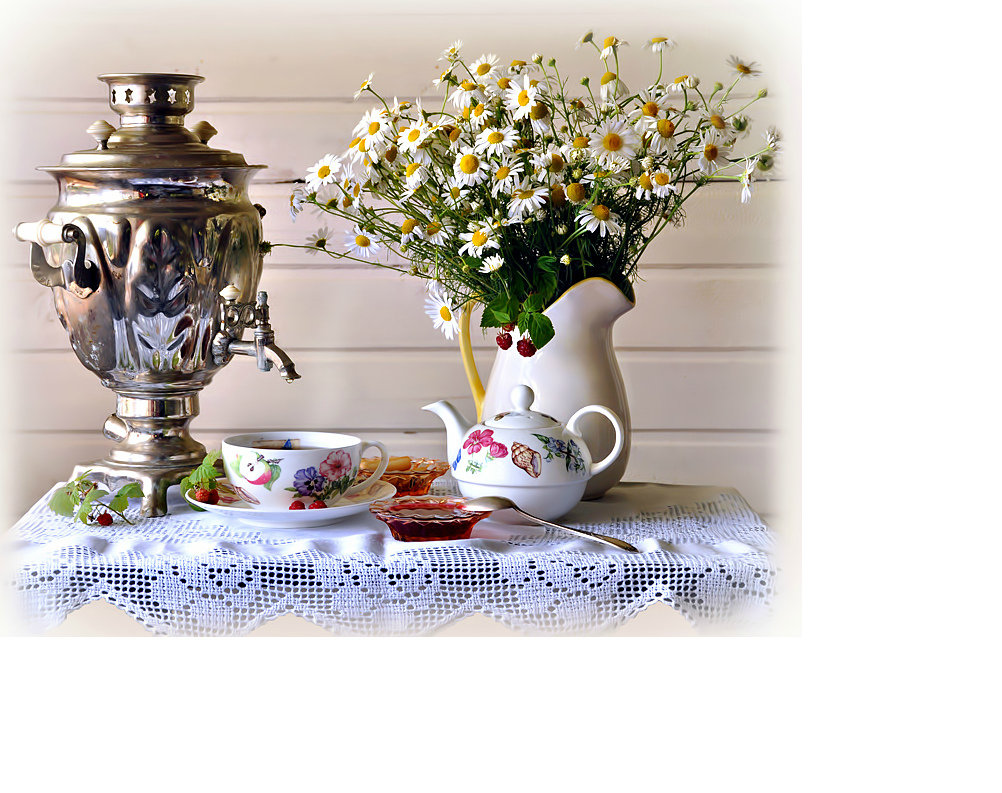 Чай с вареньем - цветы, самовар, букет, ромашки., натюрморт, посуда - оригинал