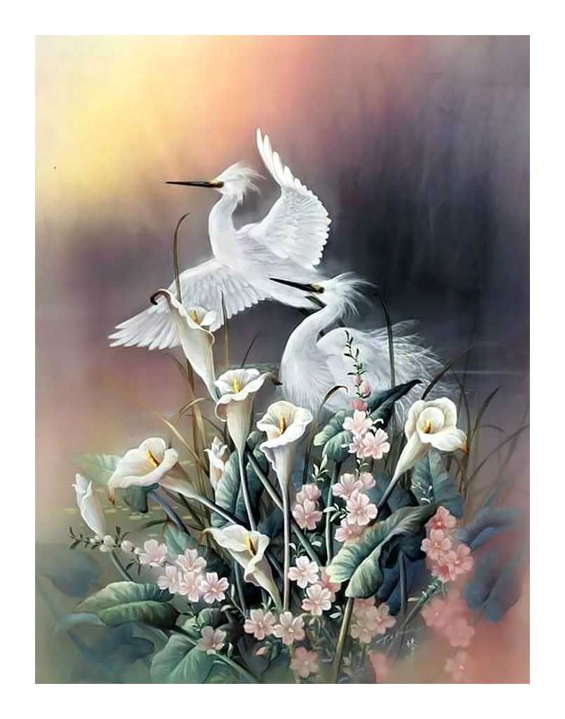 цапли - цветы, живопись, птицы - оригинал