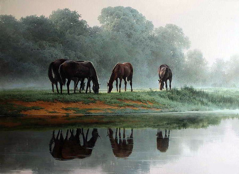 Туманное утро - лошади, река, тишина, лето, природа, утро, туман - оригинал