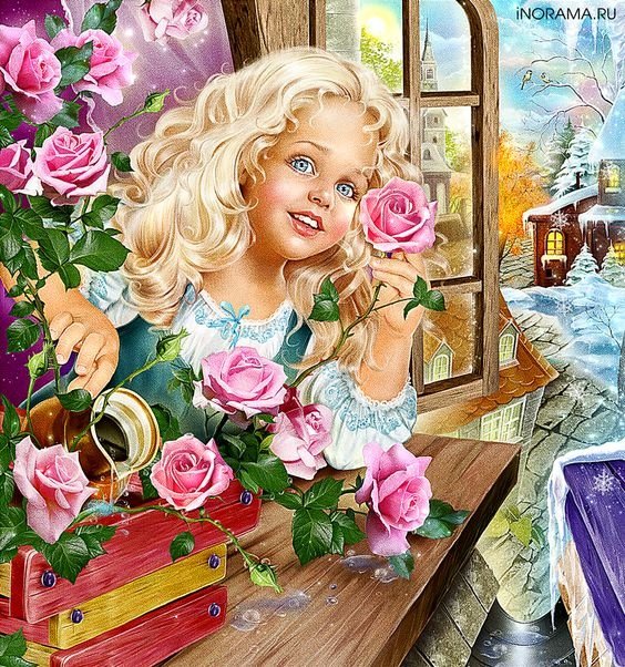 Герда - зима, окно, цветы, розы, девочка - оригинал