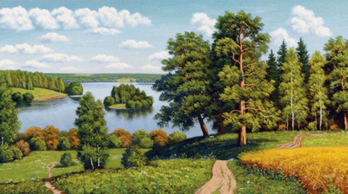 Пейзаж - осень, река, лес, поле - предпросмотр