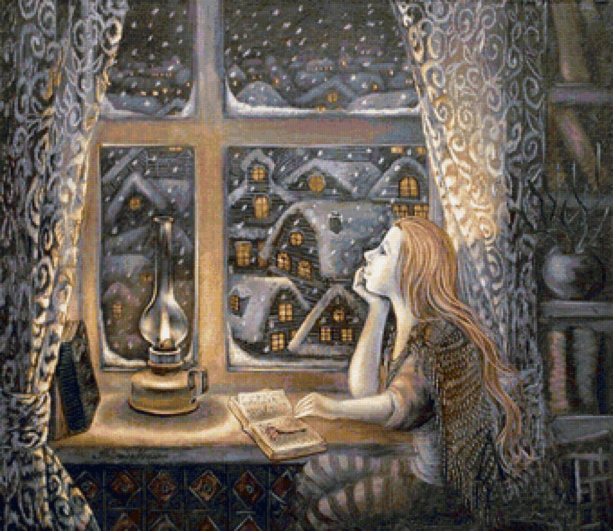 Замечталась - лампа, вечер, книга, окно, девушка - предпросмотр