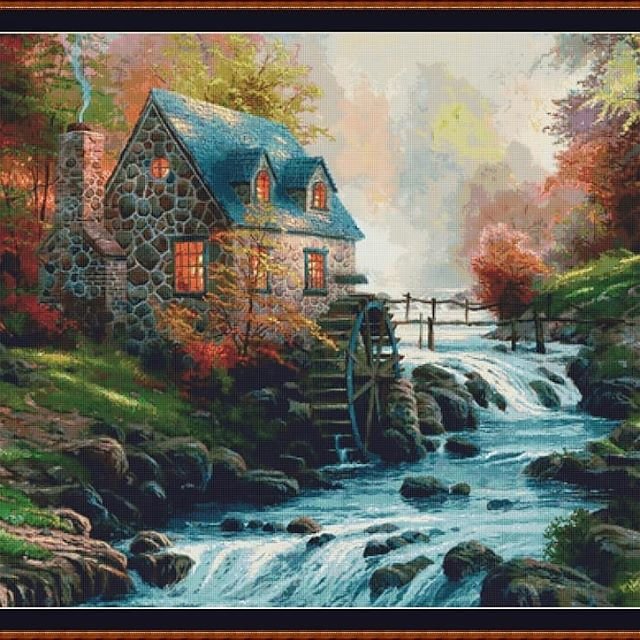 Дом и водяная мельница - пейзаж, картина, дом, водяная мельница - оригинал