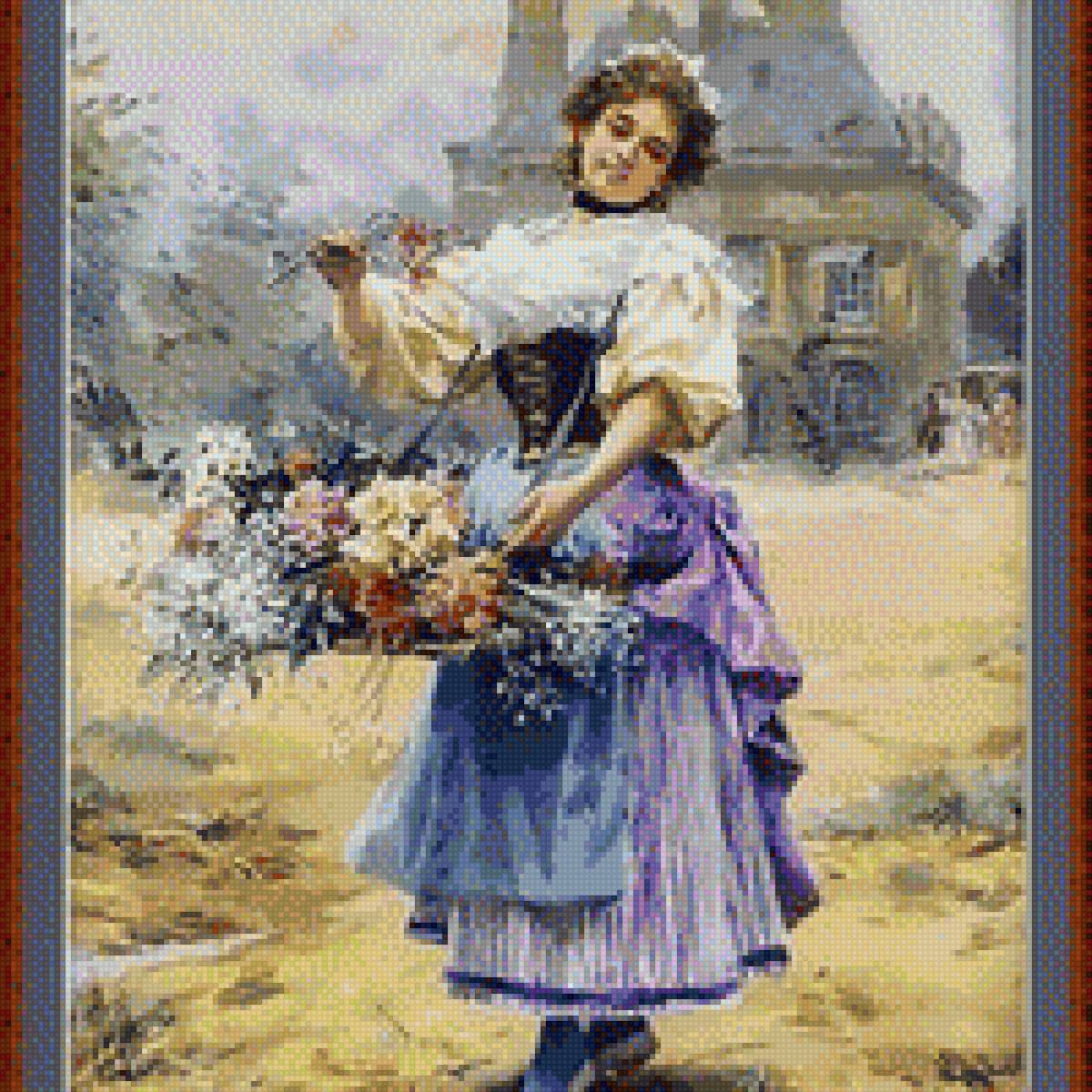 Цветочница - улица, цветочница, цветы, девушка, картина - предпросмотр